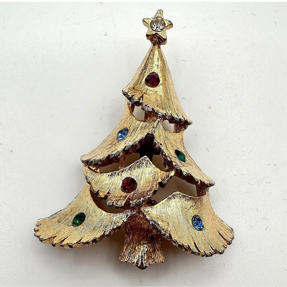 VTG 90s Christmas Tree Rhinestone Brooch Pin Gold Tone Holiday Fashion Jewelry